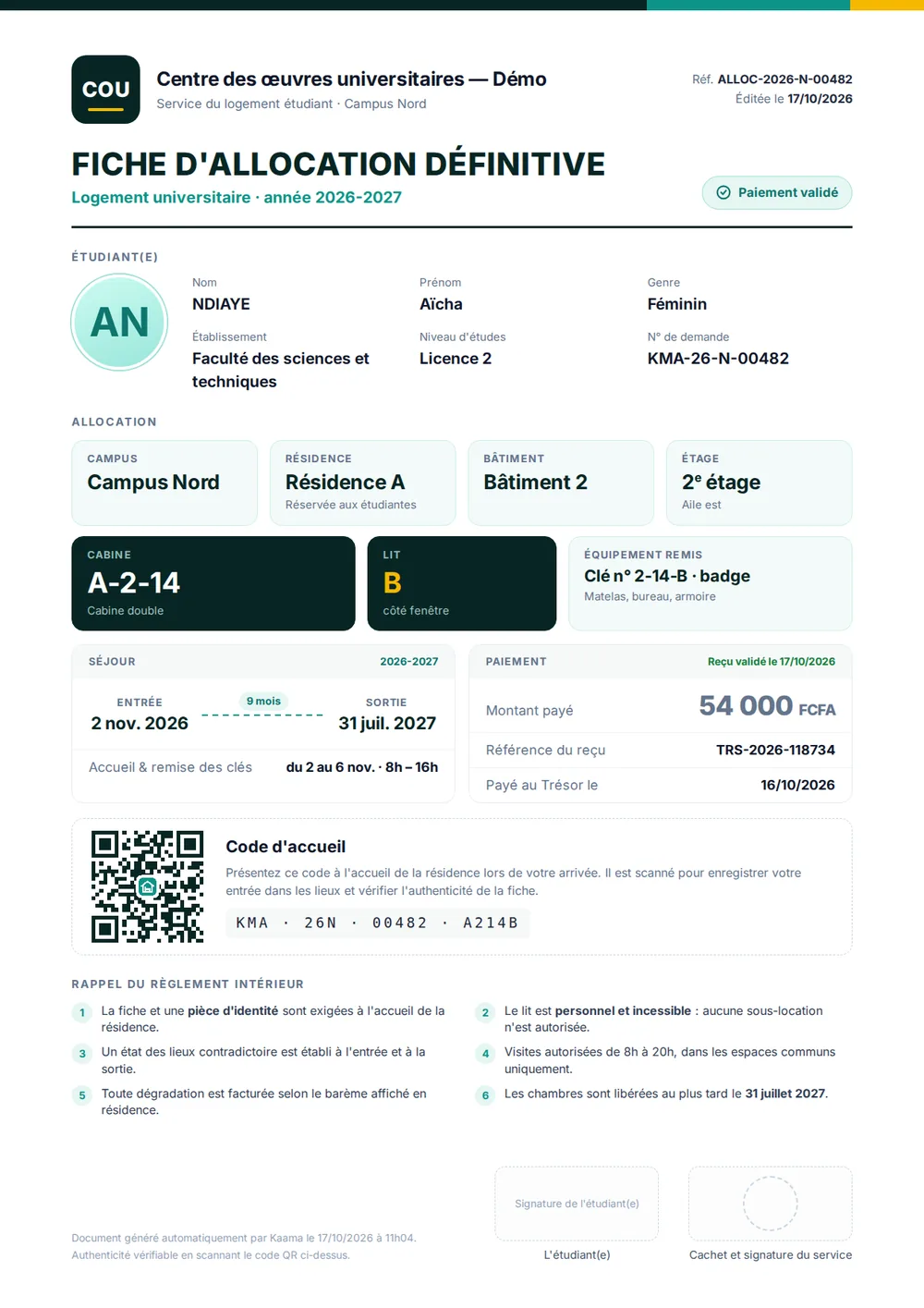 Final allocation sheet with QR code