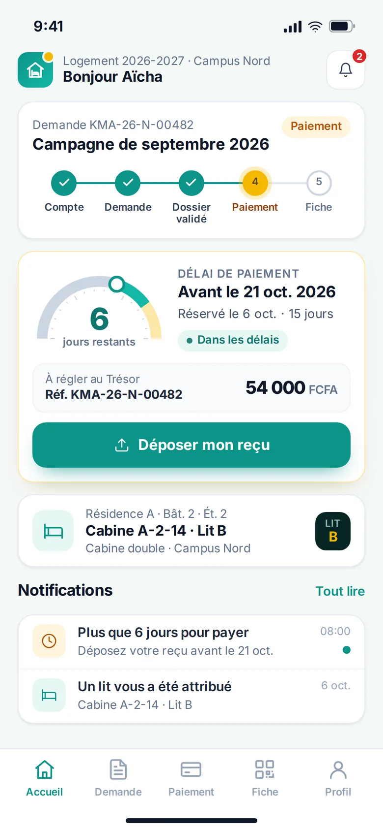 Kaama student area on mobile: payment deadline