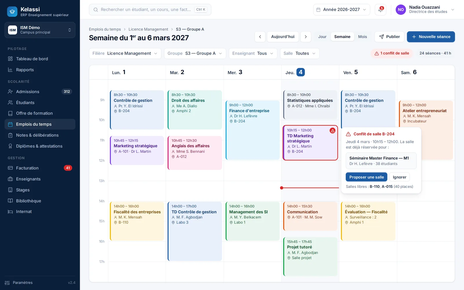 Weekly schedule by programme, group, teacher or room, with conflict detection.