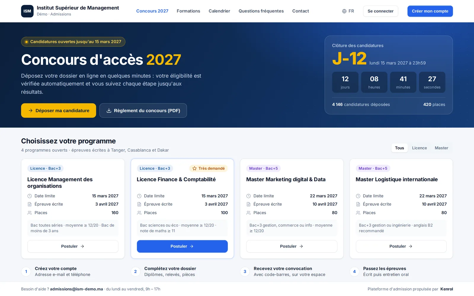 The campaign page in your institution’s colours: open programmes, entry requirements, key dates.