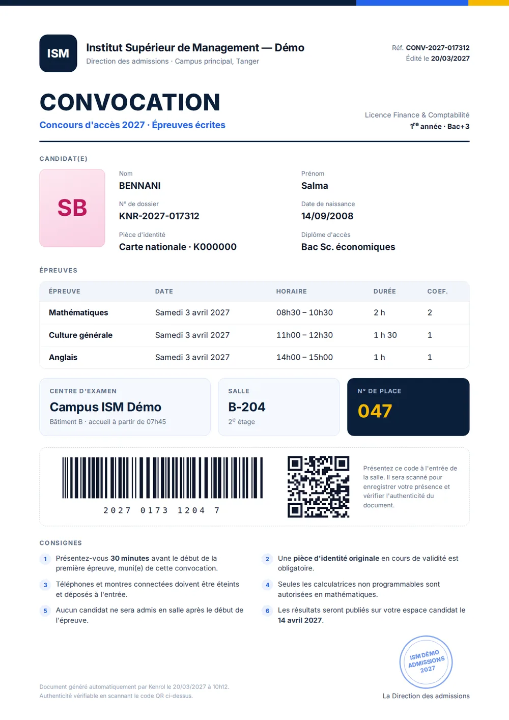 Exam notice generated automatically, with a barcode for checks on exam day.